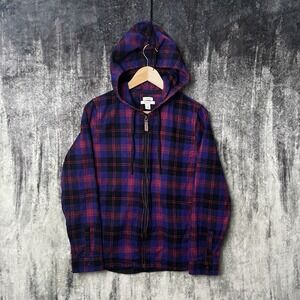 LL Bean Flannel Plaid Zip Up Hoodie Relaxed Fit M Purple Red Black Cotton
